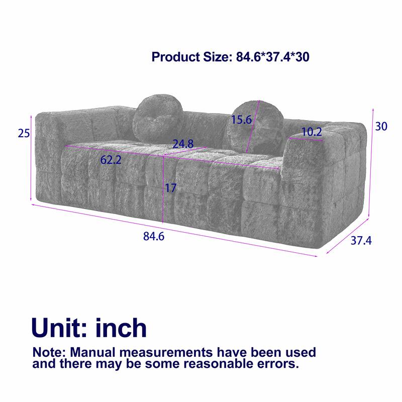 Anmytek 84.6 Inch Modern Skin-Friendly Checkered Boneless Three-Seater Foam Sofa with 2 Circular Throw Pillows