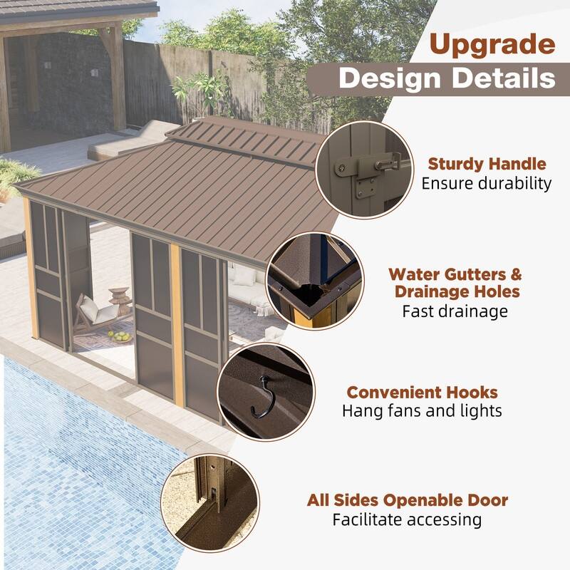 Outdoor Hardtop Sunroom Gazebo with Double Roof & Sliding Doors, All-Season Aluminum Outdoor Pergola, PE Screens&Lockable Design