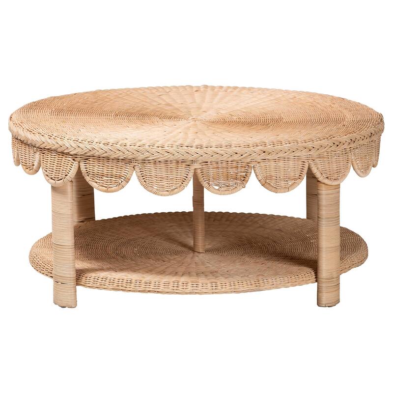 Latoya Natural Rattan Coffee Table - Handwoven Round Wicker Table with Scalloped Apron and Lower Shelf, Coastal Boho Style