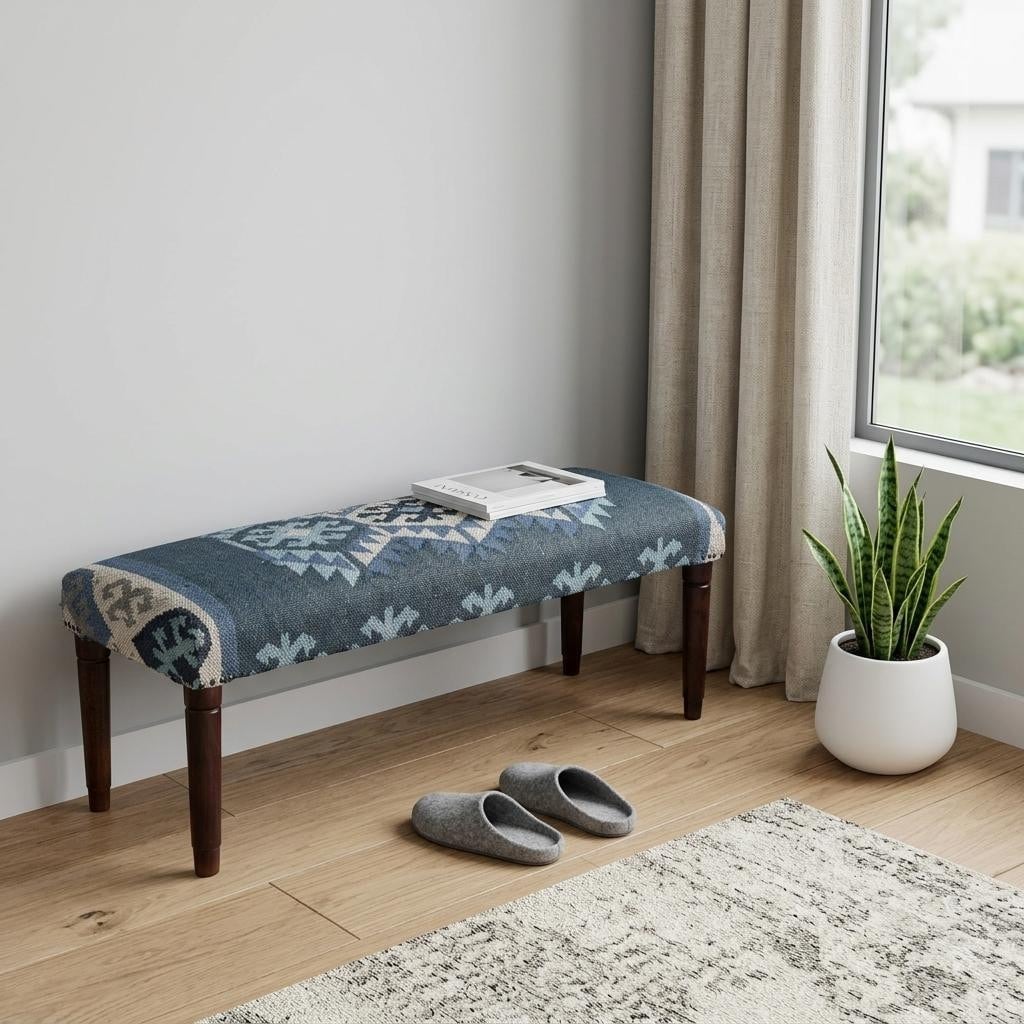 HomeRoots 47" Blue and Brown Geometric Jute and Solid Wood Upholstered Bench - 47.00 in. x 18.00 in. x 16.00 in.