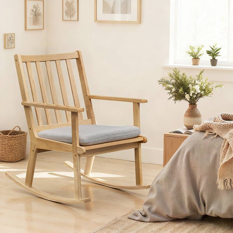 Gymax Wooden Rocking Chair w/Removable Cushion & Ergonomic Slatted