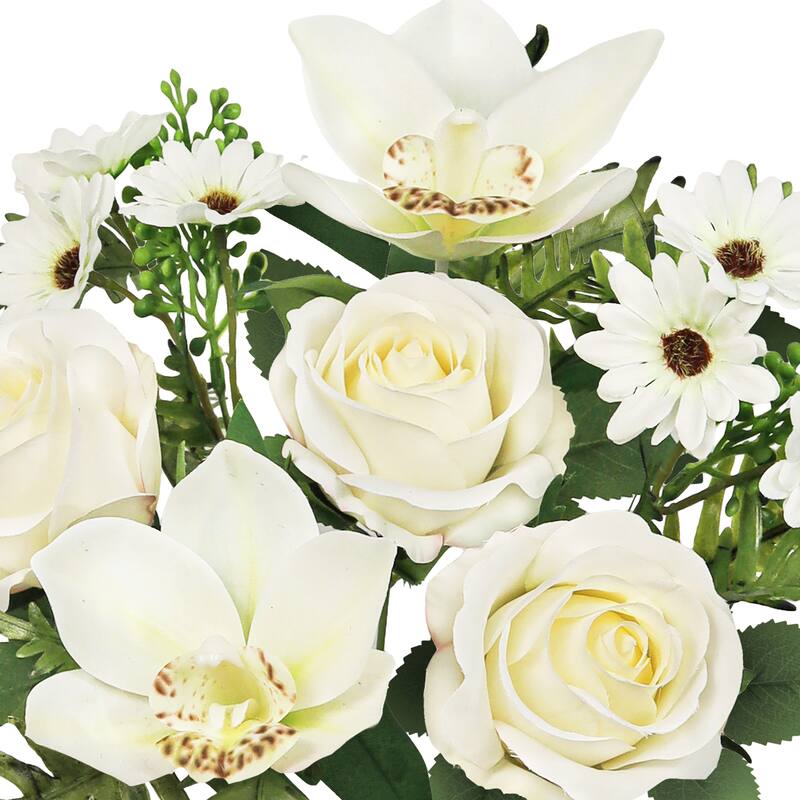 Set of 2 Cream White Artificial Mixed Rose Cymbidium Orchid Daisy Flower Stem Bush Bouquet 16in - 16" L x 9" W x 9" DP
