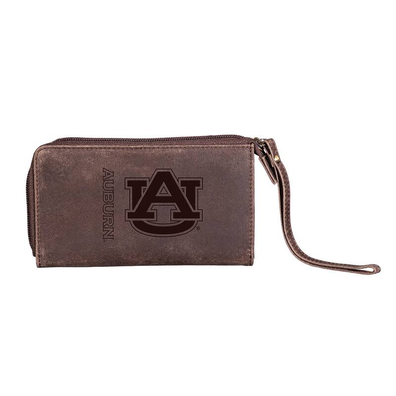 Brown Leather Cell Phone Wristlet Wallet, Auburn University - 4" x 7"