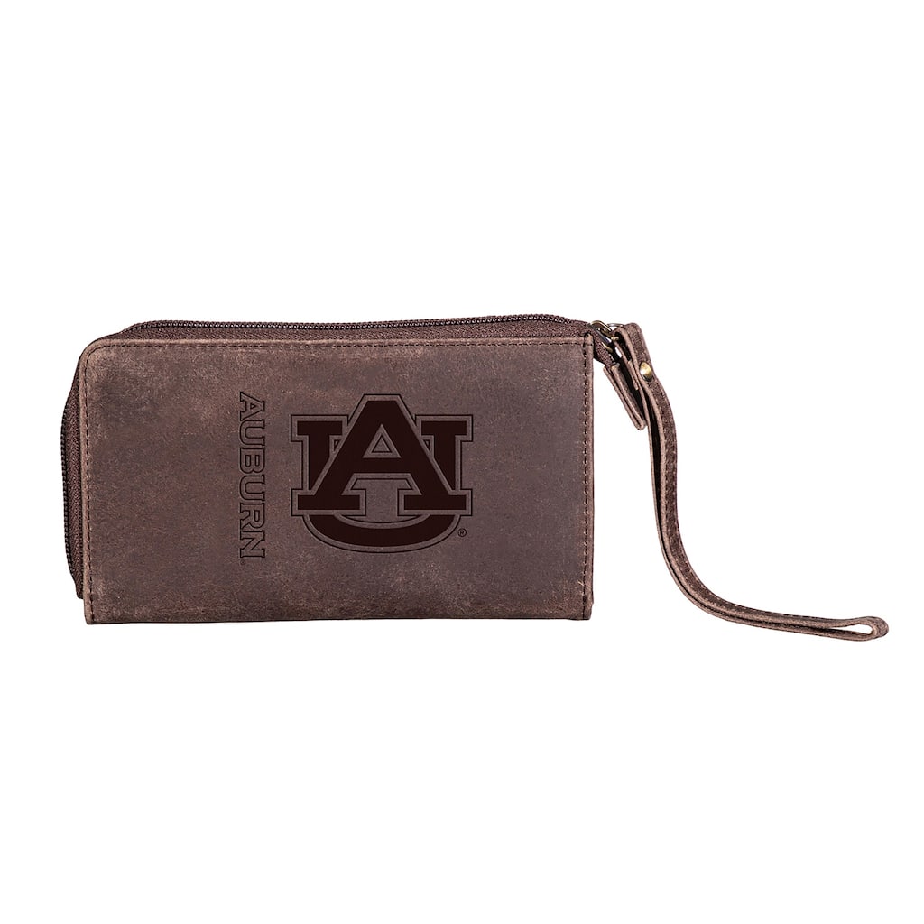 Brown Leather Cell Phone Wristlet Wallet, Auburn University - 4" x 7"