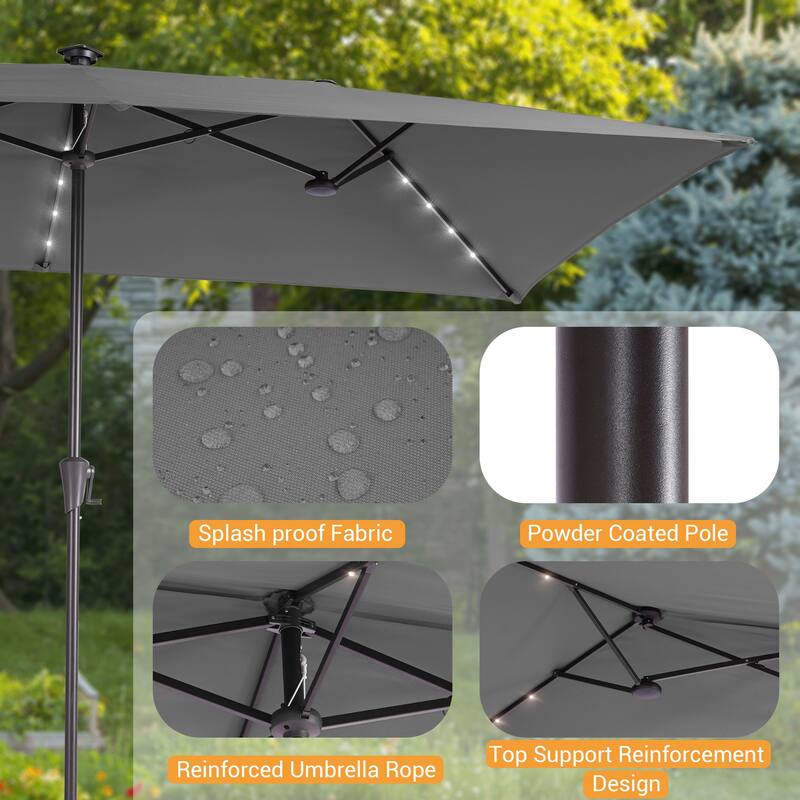 LIVOOSUM 10 x 6.5Ft Solar-powered Large Double-Sided Rectangular Outdoor Patio Market Umbrella with Crank, Gray