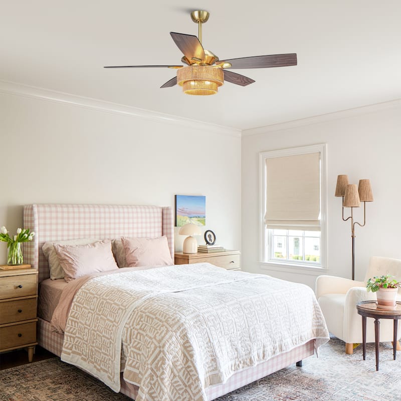 52" Farmhouse Natural Rope Reversible 5-Blade Gold Ceiling Fan with Remote
