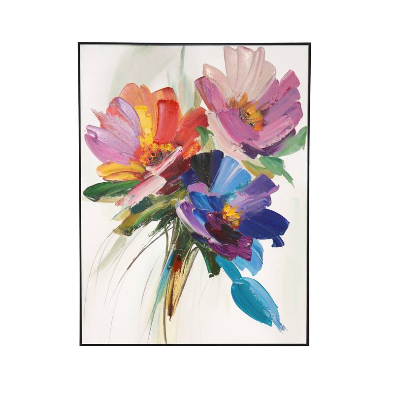 Pasargad Home Petals Hand-Painted Floral Oil Painting on White Canvas - 30" x 40" x 2"