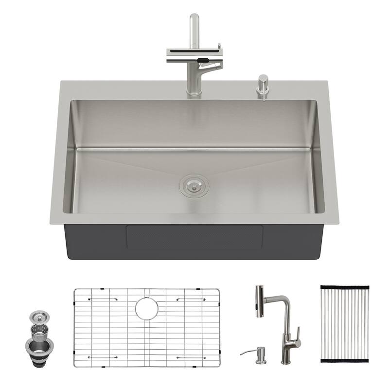 33" Drop-in Kitchen Sink with Pull-out Faucet and Soap Dispenser 33x22x10 inch Single Bowl 16 Gauge Stainless Steel