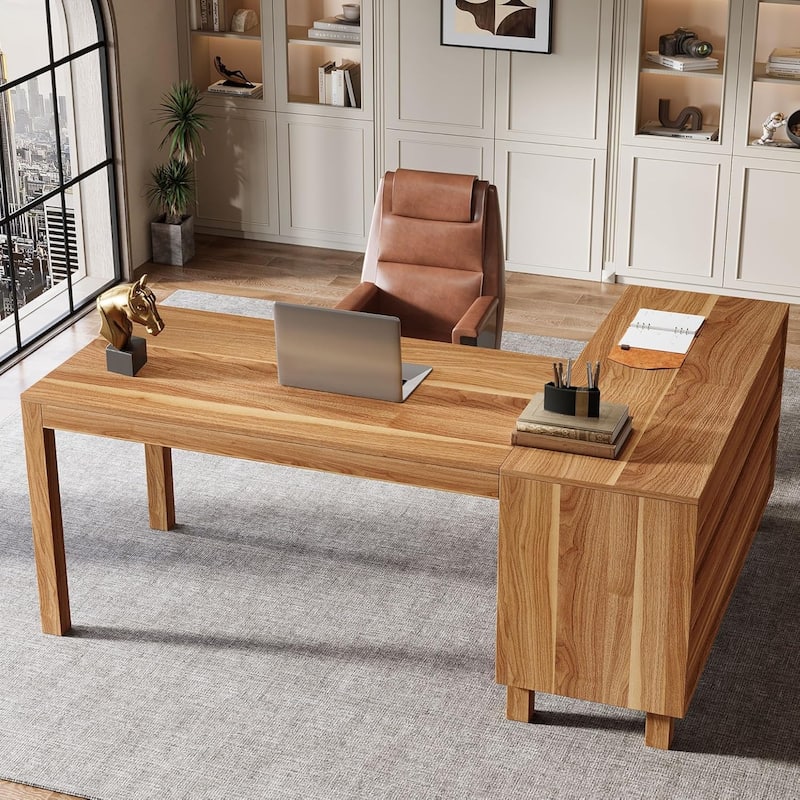 59-Inch L Shaped Desk with Storage Cabinet, Corner Executive Desk for Home Office