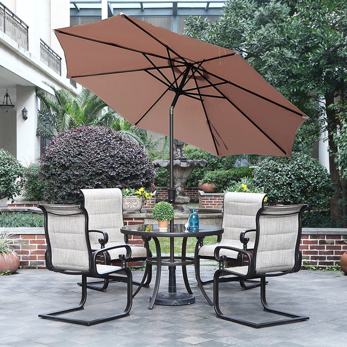 cheapest patio umbrella for table 10 FT Umbrella, 3 Tier Outdoor with 8 Sturdy Glass Fiber Ribs and Push Button Tilt, Outdoor Patio Umbrellas Market Pool Garden Backyard, 1.5