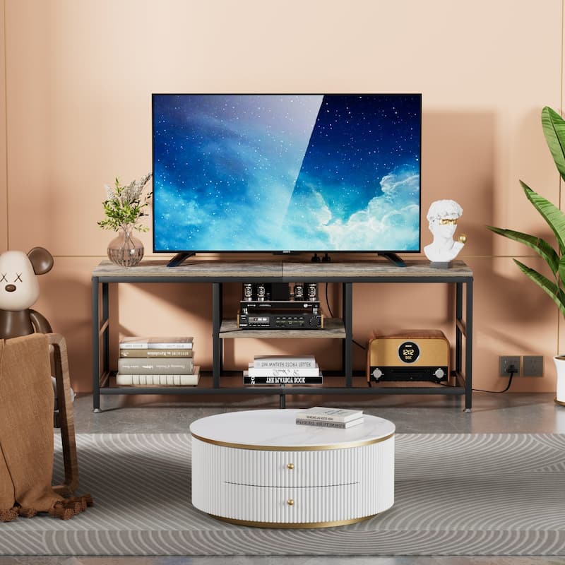 VECELO 55 Inch Grey TV Stand TV Media Console Table Entertainment Center with Power Outlets and Open Storage Shelves