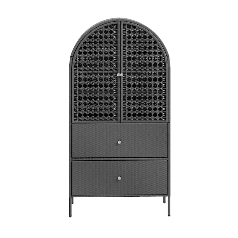 All-Weather 65" Tall Wicker Arched Kitchen Pantry Cabinet with 3 Shelves & 2 Drawers