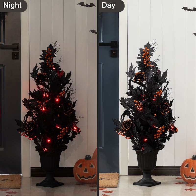 Glitzhome 36"H Halloween Lighted Black Rose Urn Porch Tree with Timer