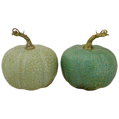 2 Green Gold Crackle Fall Harvest Tabletop Thanksgiving Pumpkins, 5"