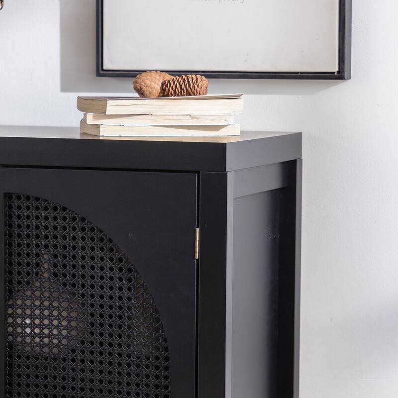 Accent Cabinet with Arched Rattan Doors, Multi-Functional Narrow Storage Cabinet, Buffet Cabinet with Adjustable Shelf
