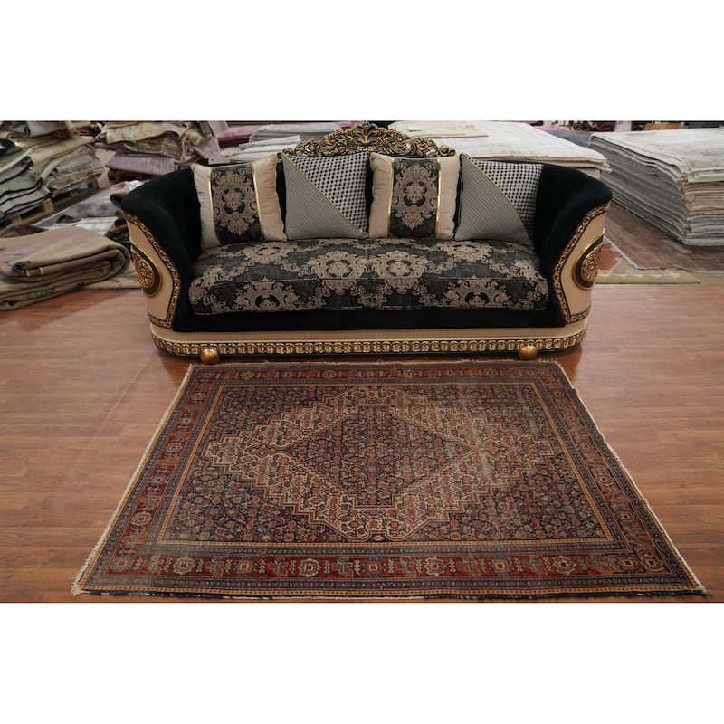 Hand Knotted Oriental 100% Wool Carpet Traditional Medallion Navy Blue & Blues Senneh Area Rug - 6' 4'' X 4' 4''