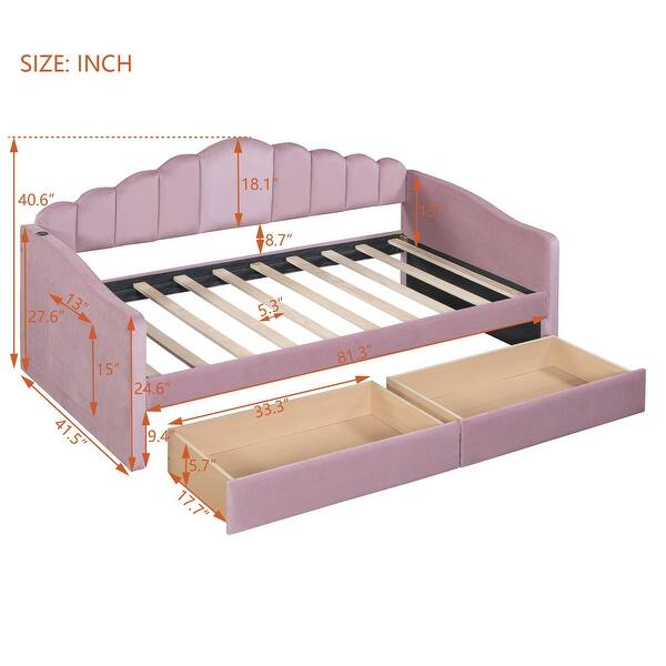 Twin Size Upholstered Daybed with Roll-out Trundle Drawers and USB Charging Ports, Velvet Sofabed Frame for Living Room, Pink