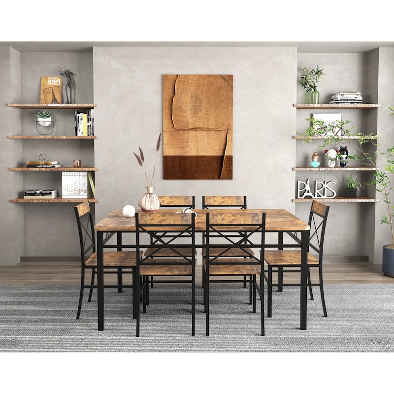 7 Piece Metal Frame Dining Table Set with 6 Chairs and Rectangular Dining Room Table for Dining Room Brown