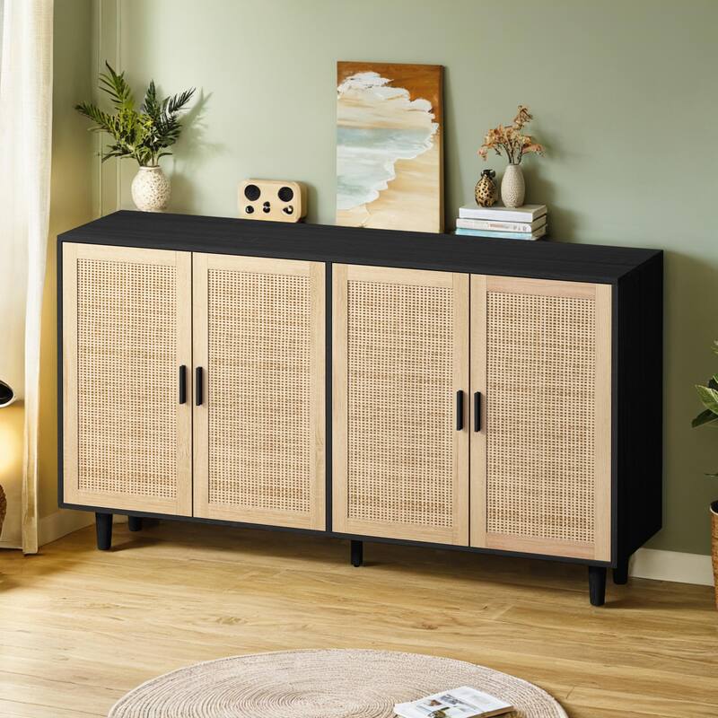 Kitchen Buffet Cabinet with Rattan Decorated Doors, Coffee Bar Cabinet Rattan Sideboard Console Table (Black with 4 Doors)
