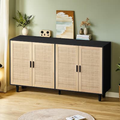 Kitchen Buffet Cabinet with Rattan Decorated Doors, Coffee Bar Cabinet Rattan Sideboard Console Table (Black with 4 Doors)