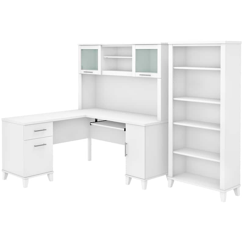 Somerset 60W L Shaped Desk with Hutch and 5 Shelf Bookcase in Ash Gray