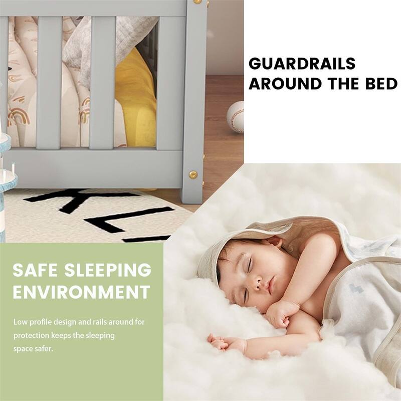 Twin Size Bed Floor Bed with Safety Guardrails and Door for Kids