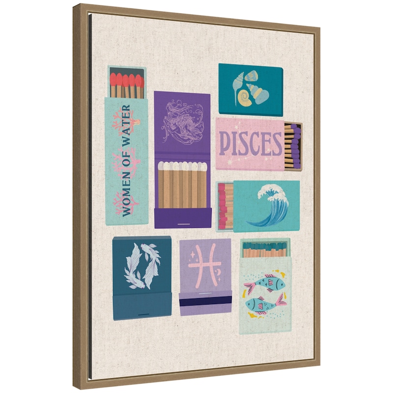 Kate and Laurel Pisces Matchbooks Linen FC by Megan Ryan Framed Canvas Wall Art Print - 18x24