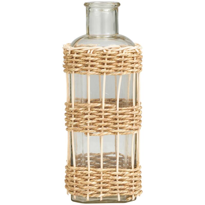 Handcrafted Clear Glass Vase with Light Brown Rattan Woven Body