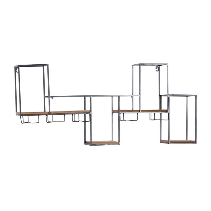 Black Metal 7 Bottle Geometric Wall Wine Rack with 5 Glass Holder Slots