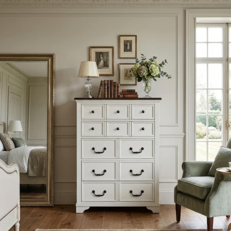 white and dark brown dresser Hamps Tall Dresser Chest | 5 Drawers | White