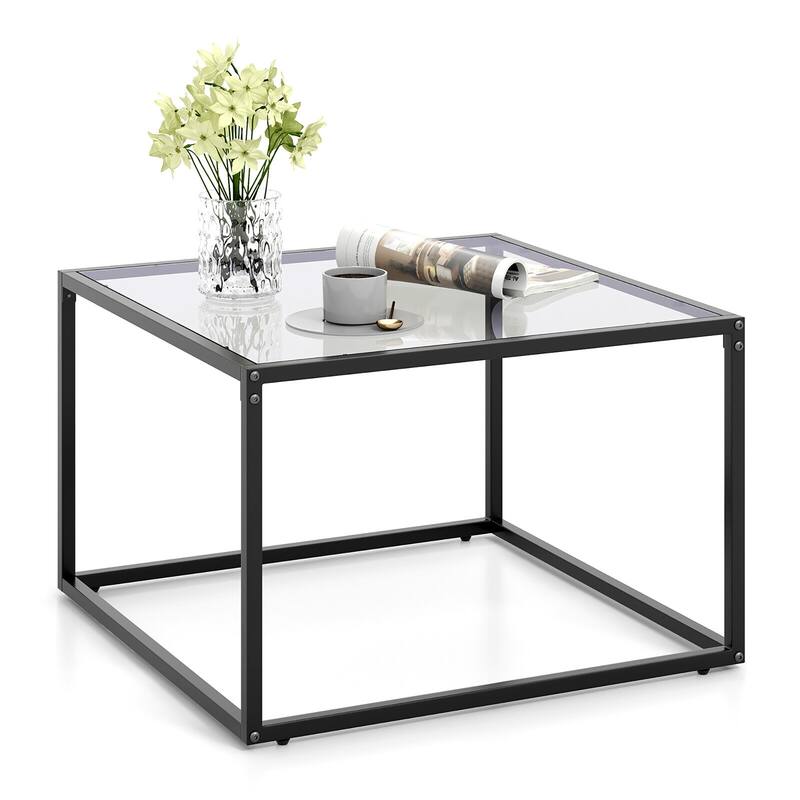 Gymax Glass Coffee Table 27.5 Inch Modern Square Metal Frame Living - Grey