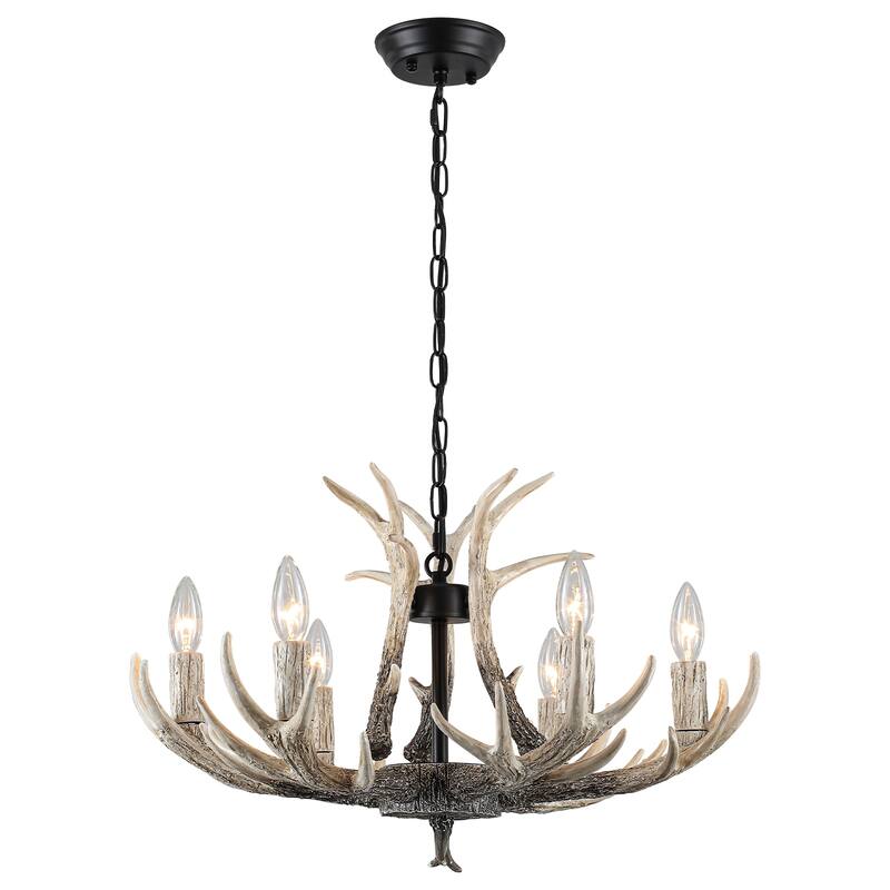 6-light farmhouse adjustable height pendant light with decorative resin antlers