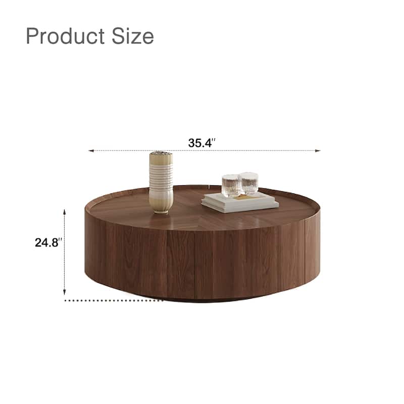 Industrial Walnut Round Coffee Table with Storage Drawers for Living Room and Home Office - 7'6" x 10'9"