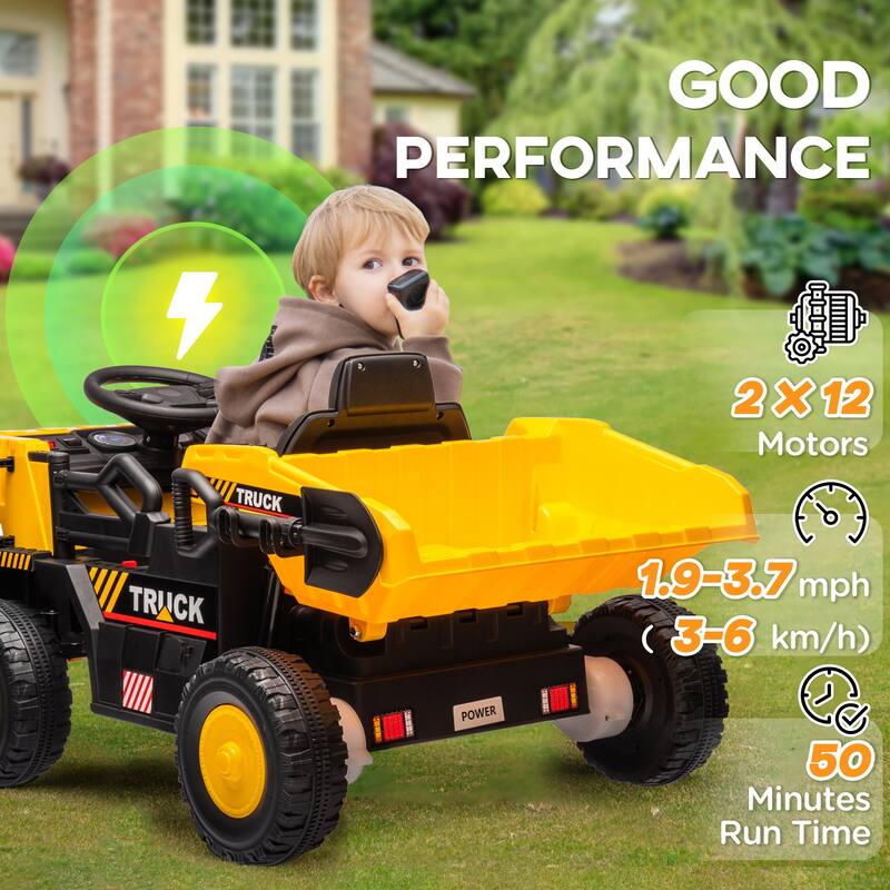 12V Kids Ride-On Dump Truck with Electric Dump Bed, Music, LED Headlights, Spring Suspension, Ages 3-5