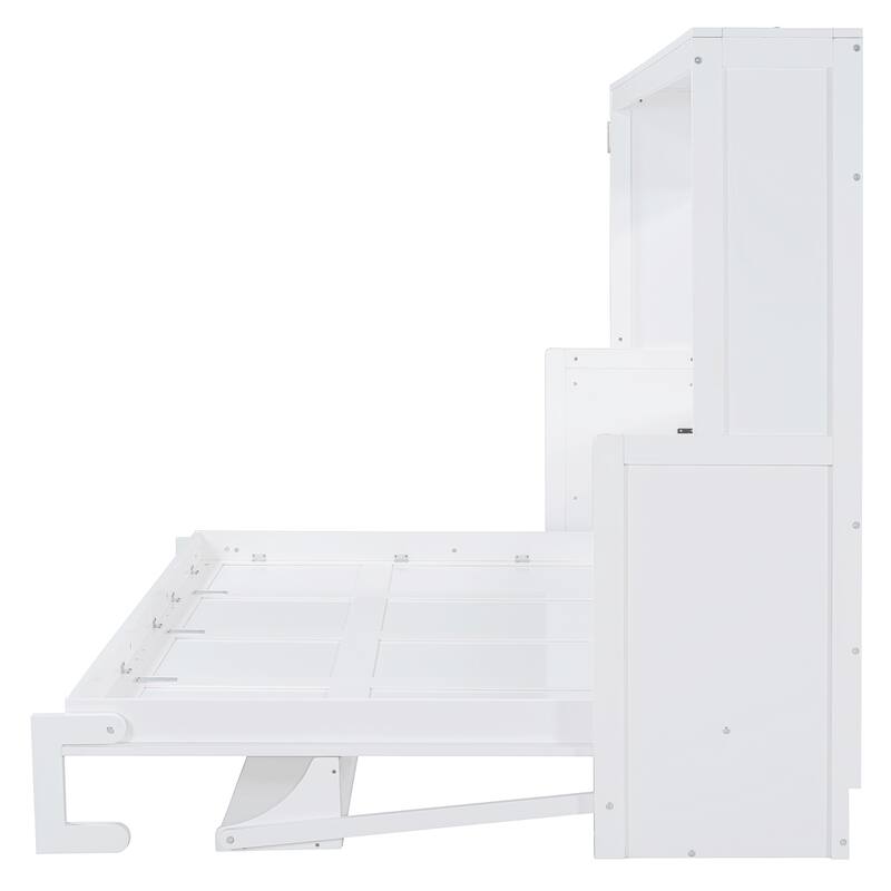 Space-Saving Queen Size Murphy Bed with Hydraulic Lift and Desk, White