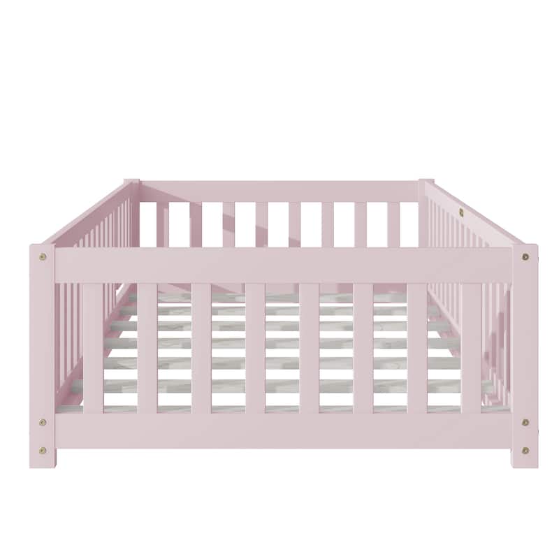 Twin Size Floor Bed with Fence and Door,Rubber Wood Floor Bed with Safety Guardrails