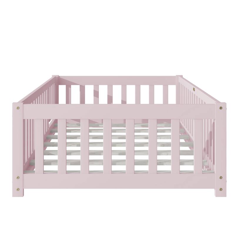 Twin Size Rubber Wood Floor Panel Bed with Safety Fence and Door
