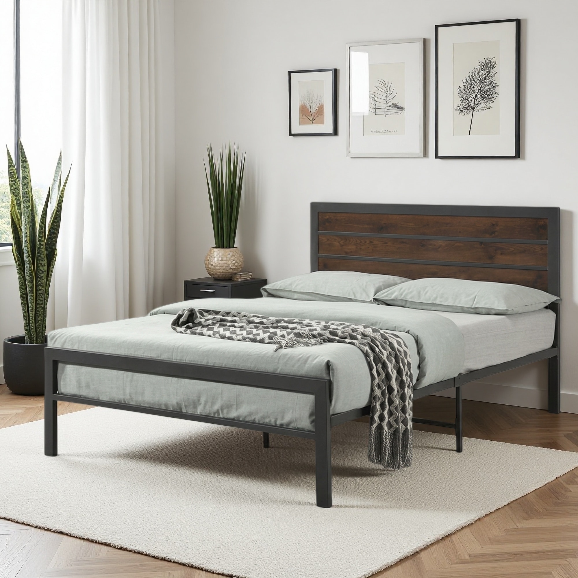 Twin Size Metal Platform Bed Frame with Wood Headboard & Footboard and No Box Spring Needed