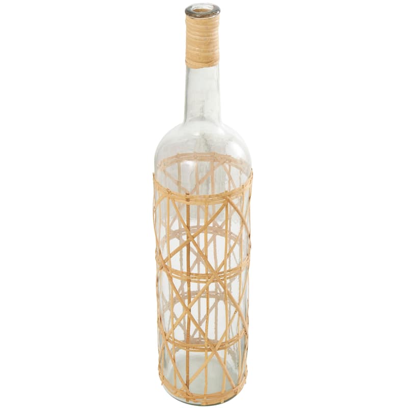 Clear Glass Handmade Tall Vase with Light Brown Rattan Woven Body and Neck