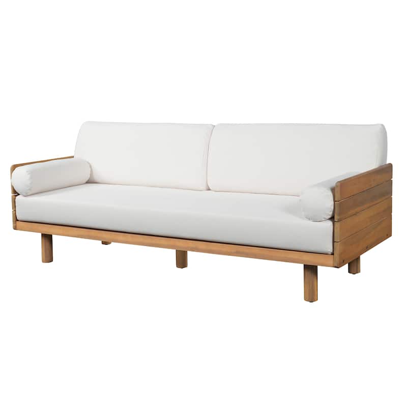Christopher Knight Home - Mid-Century Acacia Wood Outdoor 3-Seater Patio Sofa with Water-Resistant Cushions and Bolster Pillows