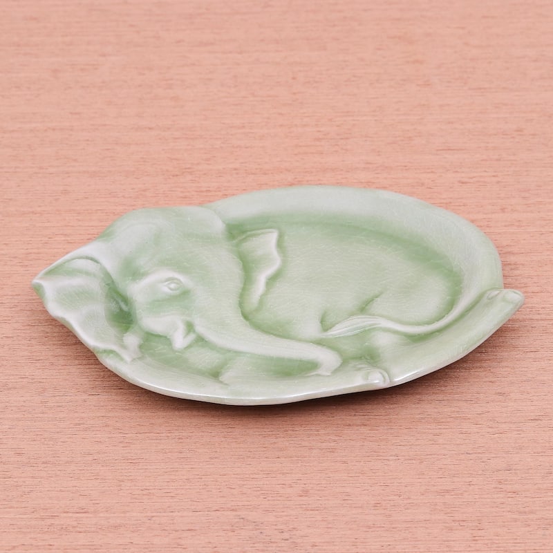 Novica Handmade Elephant At Rest In Green Celadon Ceramic Plate