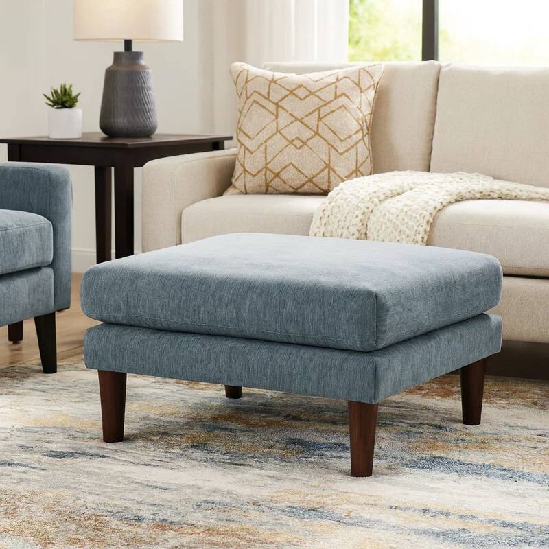 Rio 32 Inch Modular Ottoman, Box Cushion Seat, Wood Legs, Slate Blue Fabric