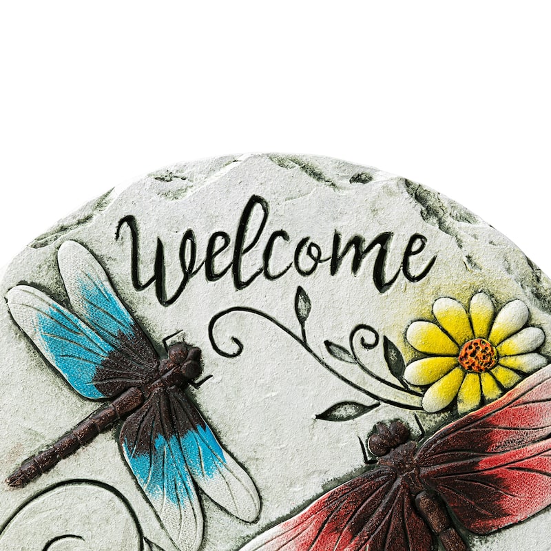 Glitzhome Set of 2 Cement Welcome Stepping Stones with Butterflies & Dragonflies - 9.75 in