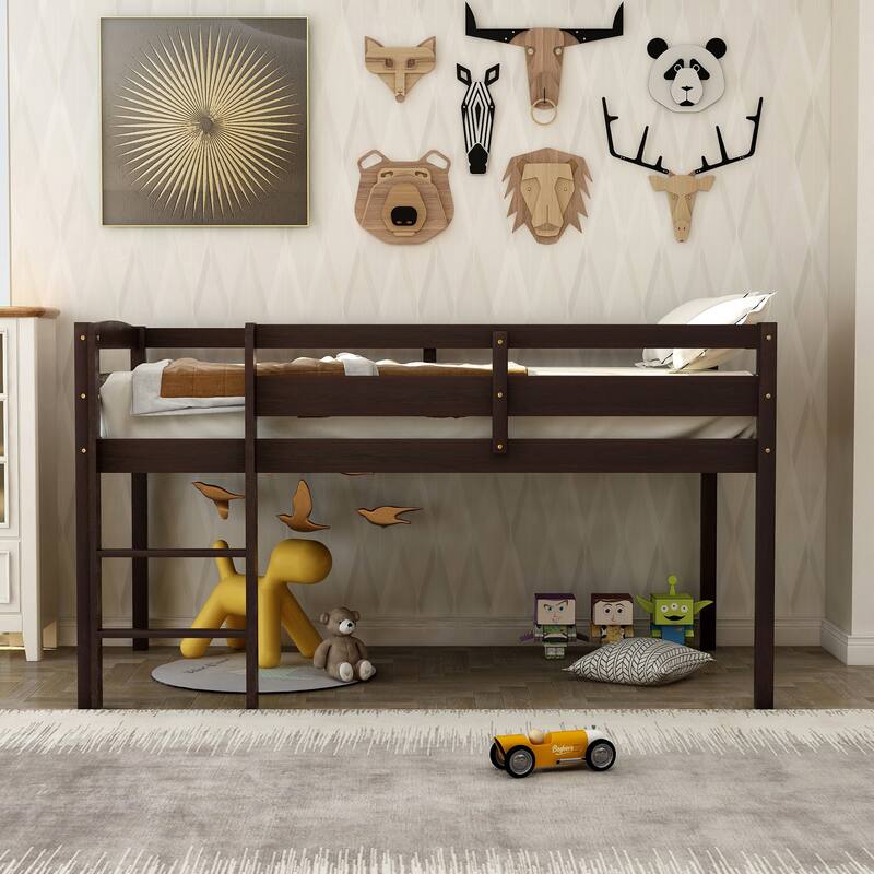 Twin Size Loft Bed with Ladder, Twin Bed Frame for Kids, Boys, Girls, Solid Wood Low Loft Bed Frame with Full-Length Guardrails