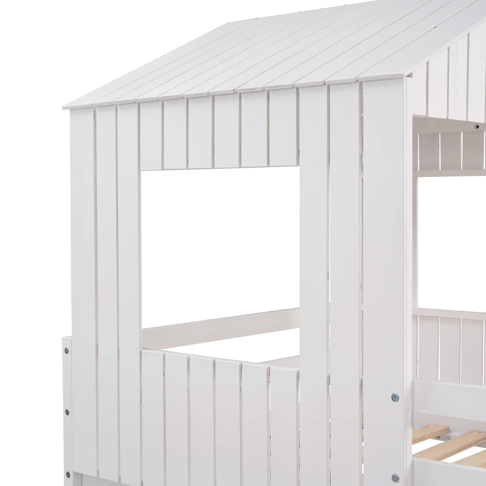 Twin over Full Bunk Bed, Wooden Loft with Playhouse, Farmhouse Design