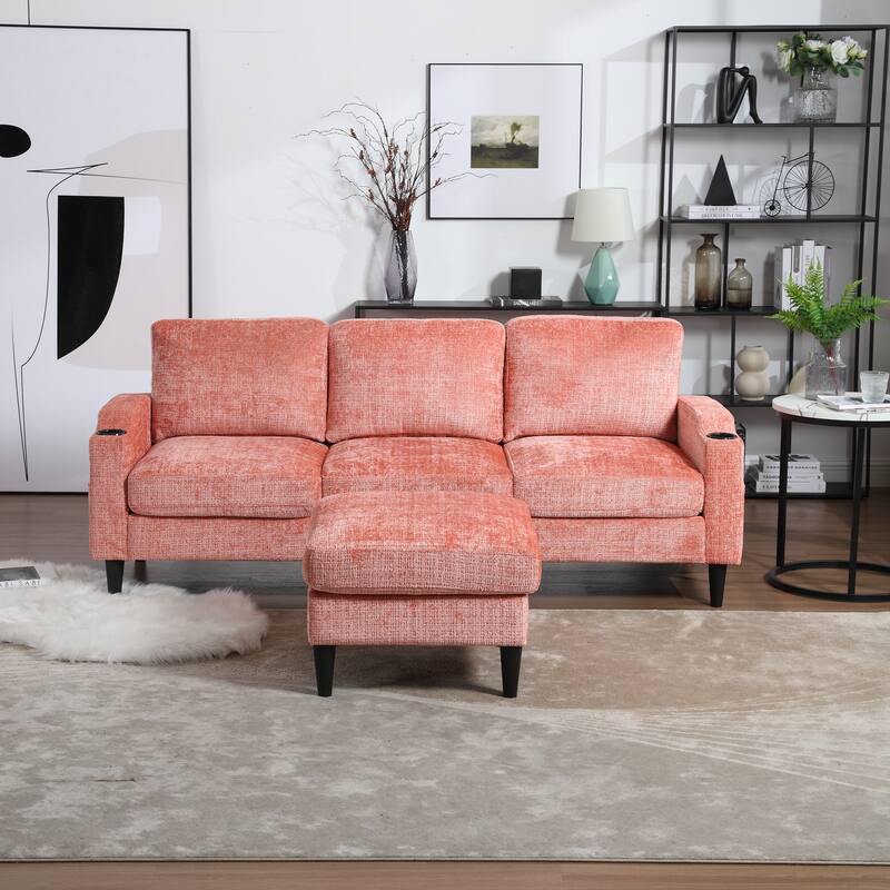 Modular Sectional Sofa with Storage Ottoman, Comfy Chenille Fabric Sofa, 3-Seater Sofa with Side Pockets & 2 Cup Holders