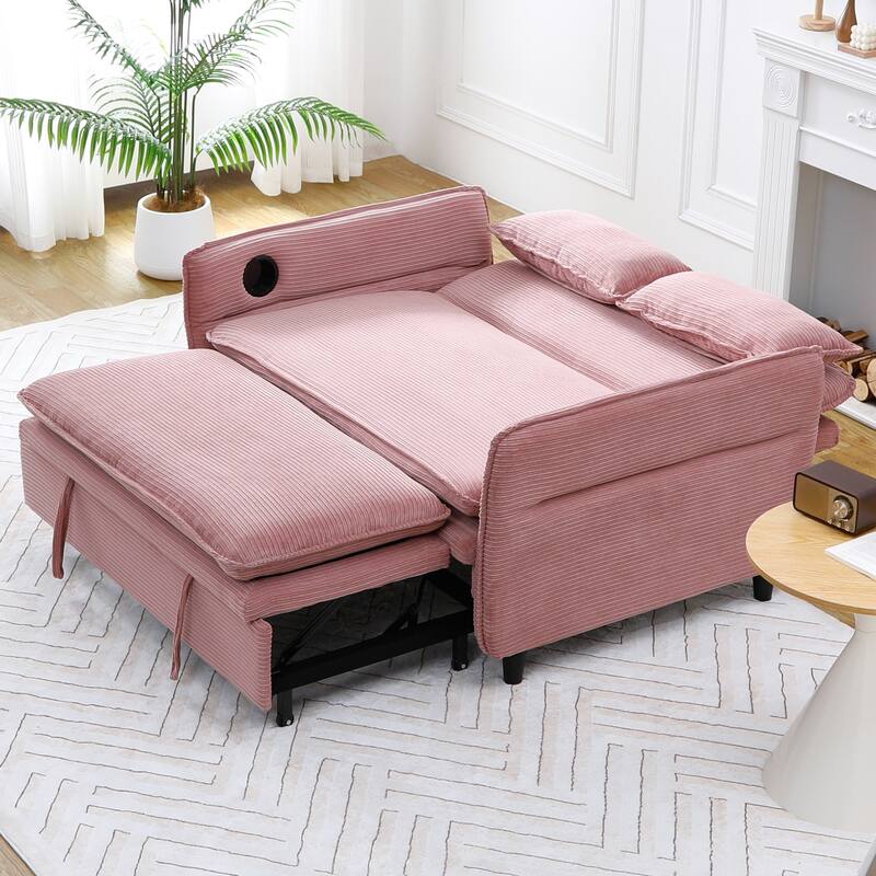 65.74-inch Pink Letter Striped Corduroy Multifunctional Sofa Bed with Adjustable Armrests and Backrests