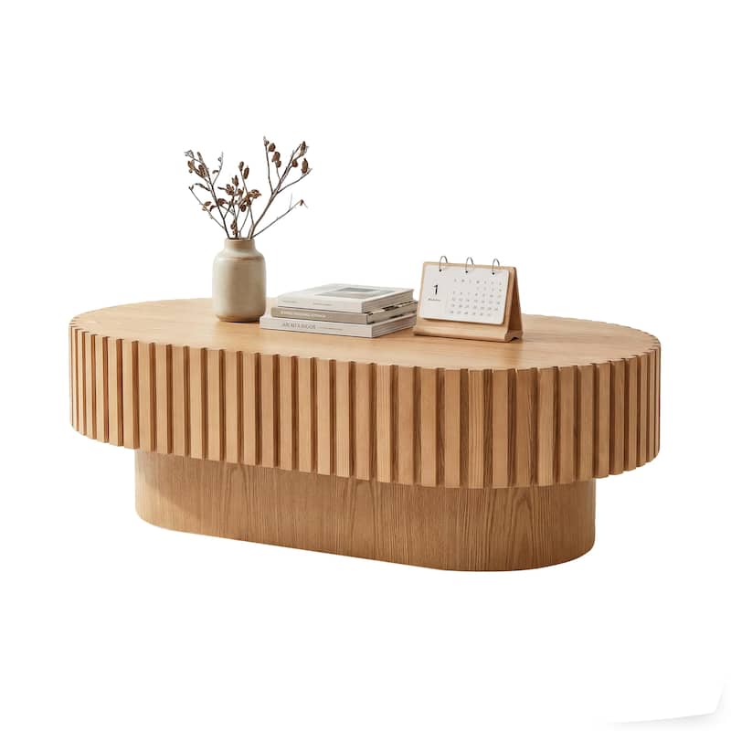 43.1"Oval Coffee Table,Mid Century Modern Fluted Coffee Table with Pedestal, Classic Wood Coffee Table for Living Room