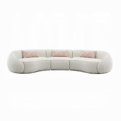 Sarah Sectional Sofa, 3 Pillows, Beige Boucle Fabric, Curved Shape