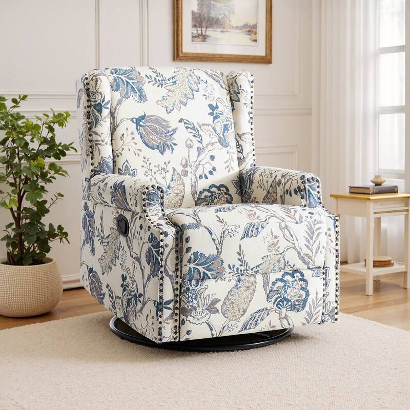 29'' W Pattern Floral Swivel Manual Push Back Recliner Glider Chair - Plant Blue